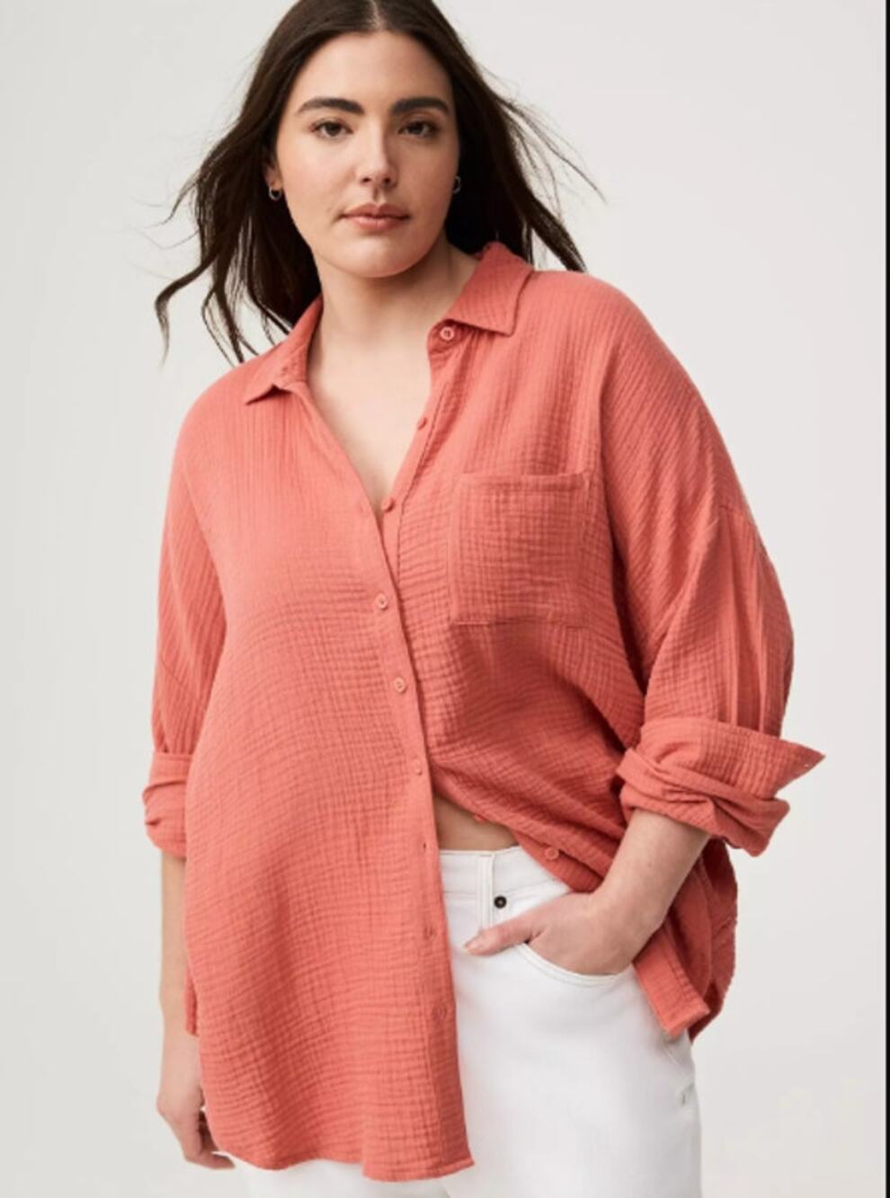 Torrid Gauze Cotton  Drop Shoulder Button Down Shirt Plus Size 3X Faded Rose NEW